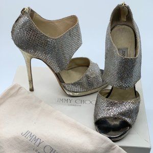 Jimmy Choo- Champagne Glitter Fabric Sandals- 39